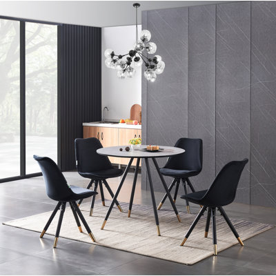 Pala 4 Person Dining set - a Round Wooden Dining Table with Metal Legs and a Set of 4 Quilted Velvet Dining Chairs for Dining Room - Modern Dining Table Set