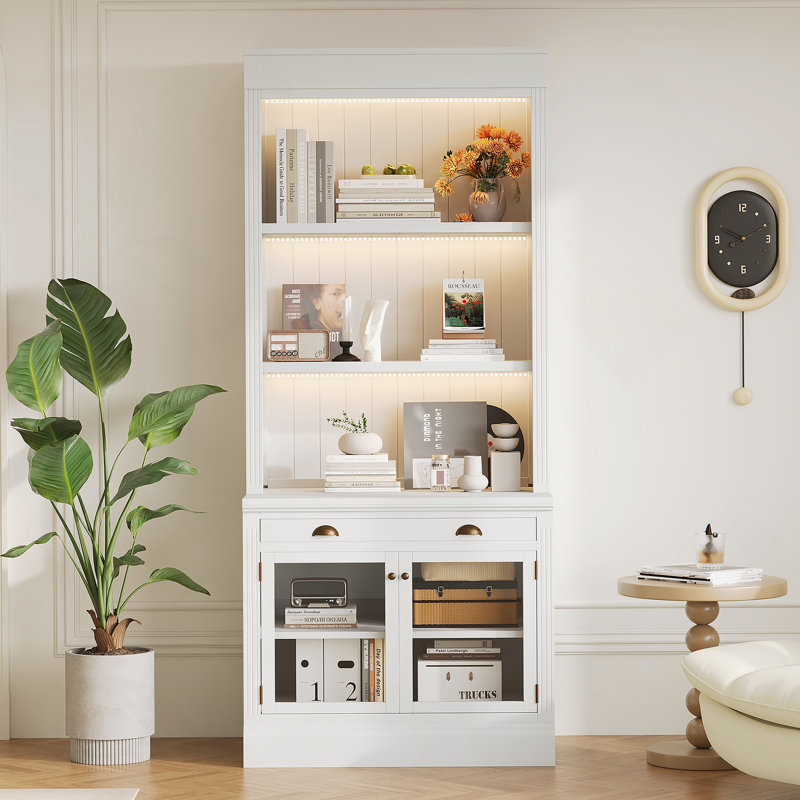 Bibliothèque de 83,4 po de hauteur avec éclairage DEL, bibliothèque moderne avec 2 portes en verre et 1 tiroir, bibliothèque de rangement avec tablettes ouvertes pour le salon, le bureau personnel, blanc