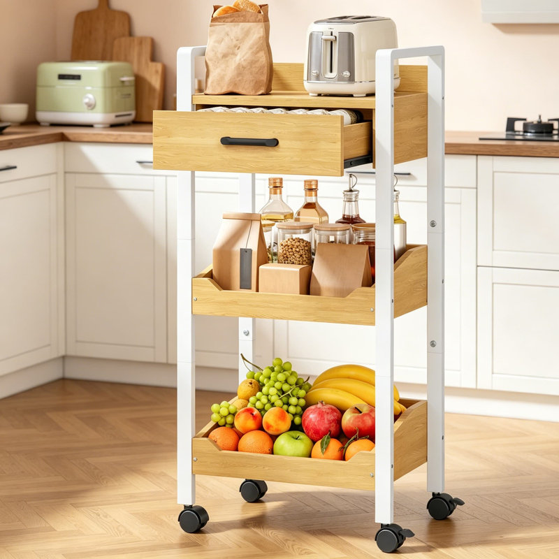 Chariot de rangement à 3 niveaux avec tiroir, chariot mobile sur roulettes, organisateur de cuisine à cadre en métal avec tiroir en bois et poignées latérales, tablette de rangement mince pour petits espaces, bureau, salle de bain, chêne beige