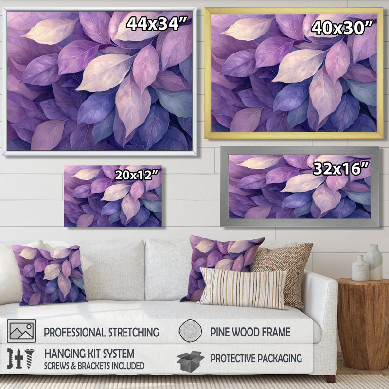Toile lilas avec feuilles de la forêt II - feuilles, art mural pour le salon, H 28 po x l 60 po, Toile tendue