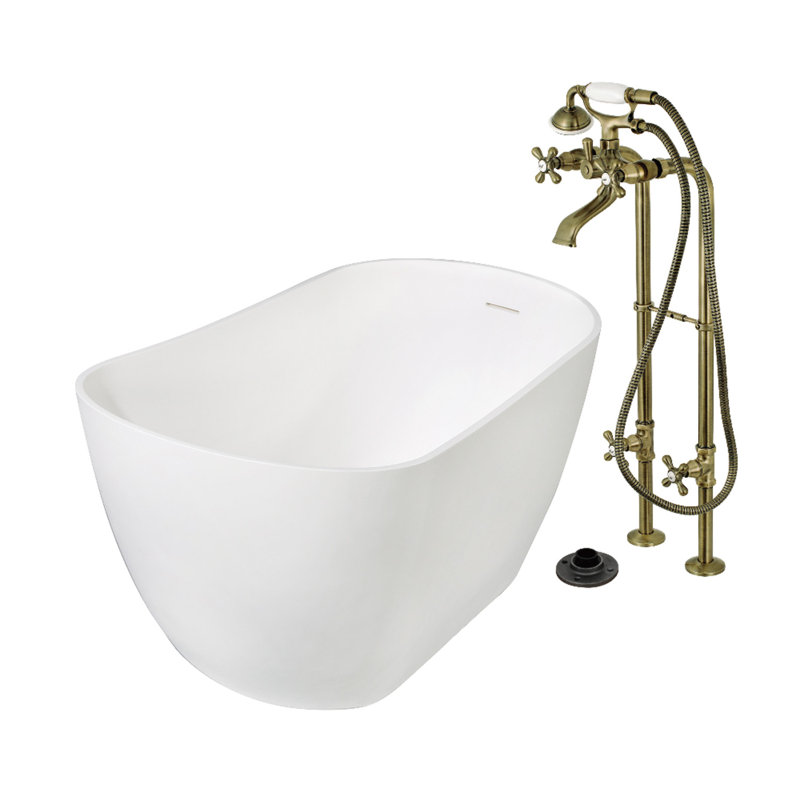 Kingston Brass Arcticstone 51-Inch Solid Surface Oval Single Slipper Freestanding Tub With Faucet Combo And Drain
