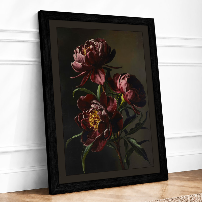 Dark Peonies Botanical - Framed Print, A2 - 59.4 x 42.0 cm, Black