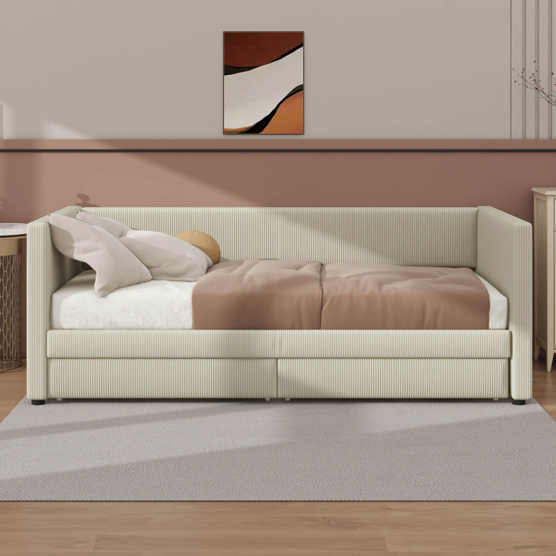 Stylish Twin Corduroy Stanmore With Integrated Storage Drawers And Solid Wood Frame, Beige