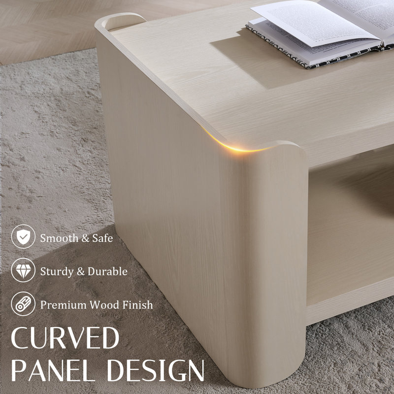 Table basse de 122 cm avec tablettes de rangement à 2 niveaux et coins arrondis pour le salon, Cream