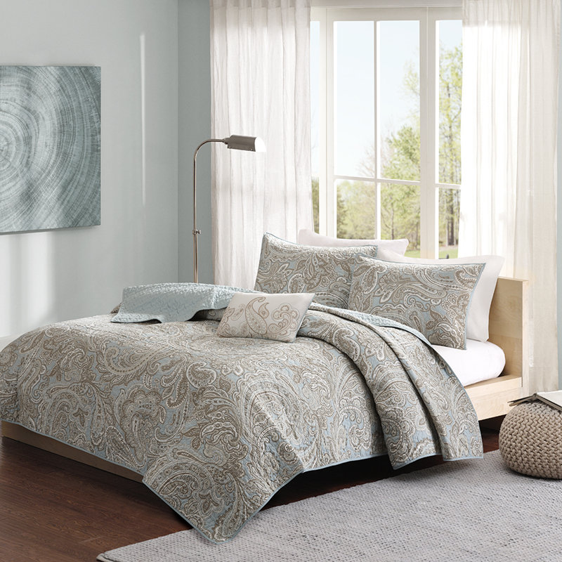  Ronan 4 Piece Cotton Quilt Set with Throw Pillow, Blue, Full/Queen coverlet + 2 King Shams + Throw Pillow