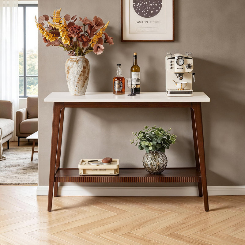Console étroite en bois d'hévéa massif avec tablette de rangement pour petits espaces