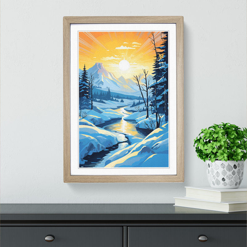 Winter Landscape Art Deco - Single Picture Frame Print on Wood, 34cm H x 25cm W x 2cm D, Oak