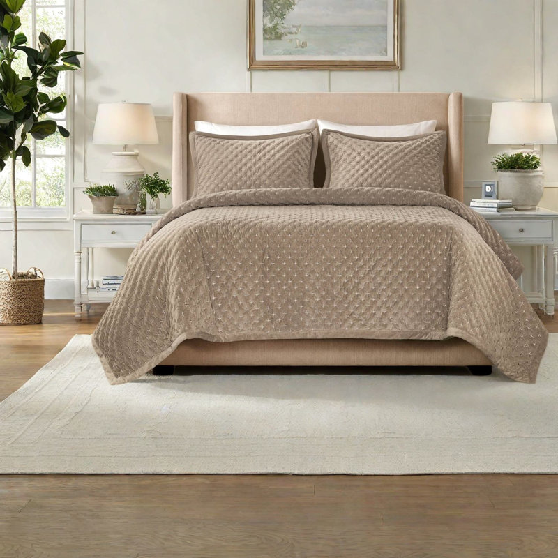 Ensemble de literie en velours Queen, couvre-lit matelassé taupe pour chambres élégantes