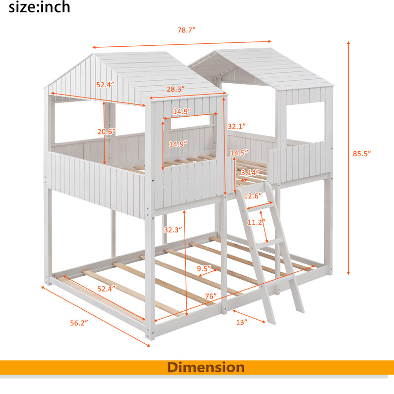 Full Over Full Woodbunk Bed With Roof, Window, Guardrail, Ladder, White
