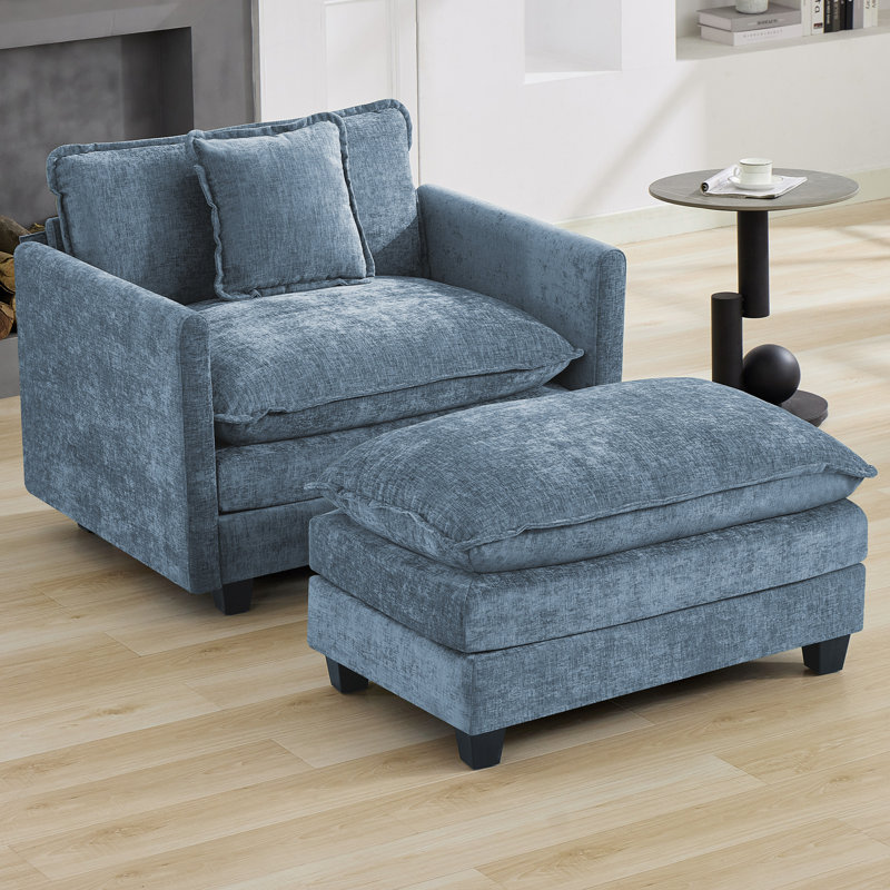 Repose-pieds rectangulaire en chenille 35,4 po pour canapé modulaire modulaire, Bleu