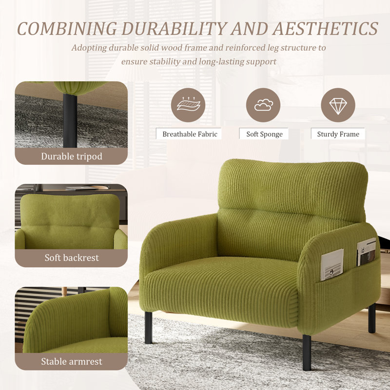Chaise d'appoint rembourrée en velours côtelé Modern, Vert