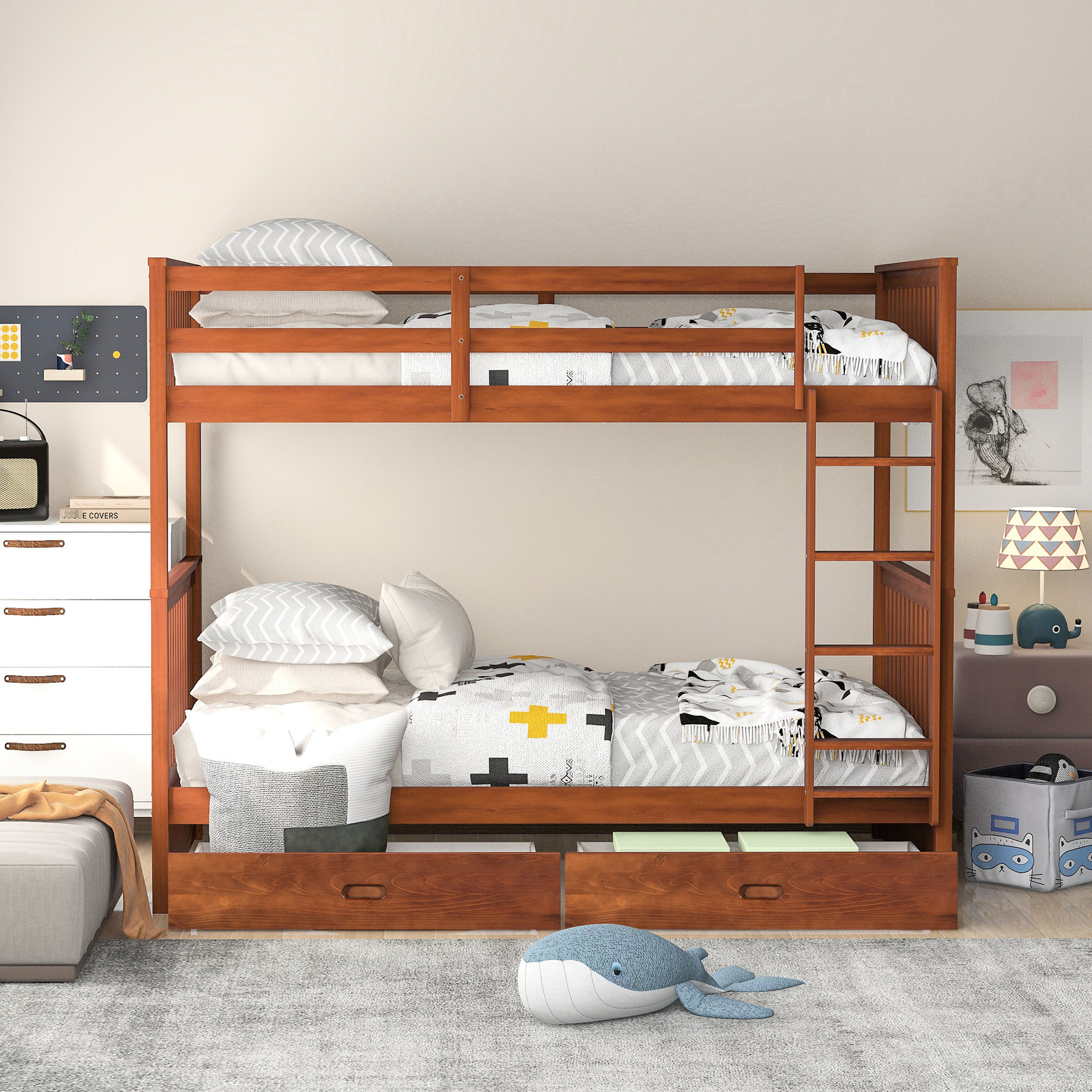 Latitude Run® Walnut Twintwin Bunk Bed With Storage Drawers And Rails ...