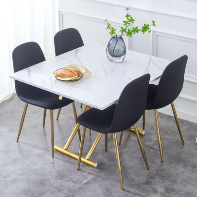 Table élévatrice réglable avec pieds en métal doré et chaises en lin et coton transformables pour la salle à manger et le bureau