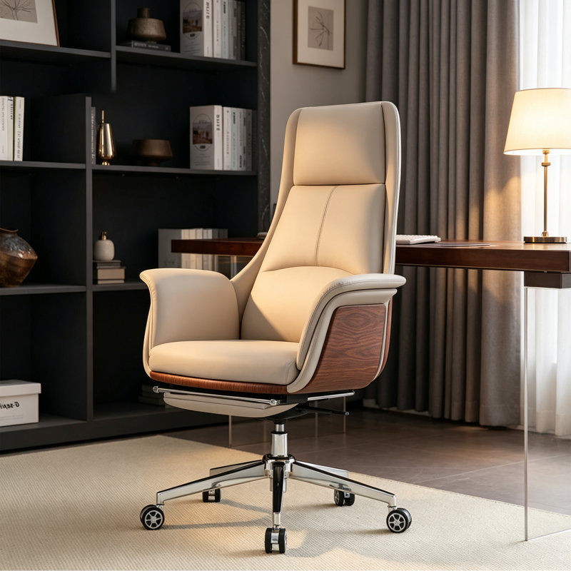 Chaise de bureau simple en similicuir réglable, Beige