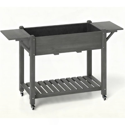 Elevated Garden Bed,Wood Raised Planter Box,With Lockable Wheels,Side Tables,Bottom Shelf,Drain Holes