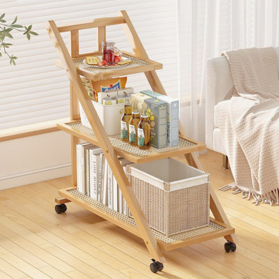 End Table, Side Table With 3-Tier Storage Shelves & Rolling Casters