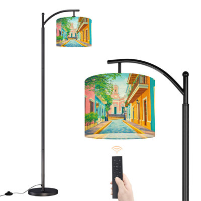 Lampe sur pied à arc avec abat-jour ajustable coloré rue ancienne San Juan Puerto Town Scenery Lampe sur pied 3 températures de couleur à intensité variable, grand mât avec interrupteur au pied pour la chambre à coucher
