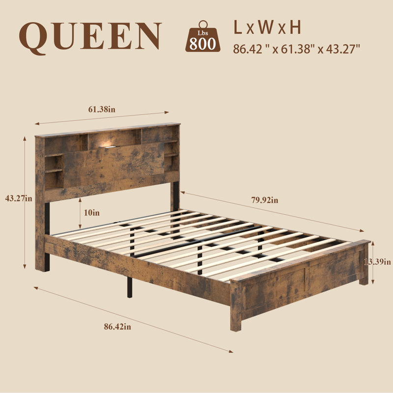 Rustic Platform Bed with LED Lights and Charging Station, Wood Bed Frame with Storage Headboard and USB Ports, Weight Capacity 800 lbs, No Box Spring Needed, Dark Brown, Queen