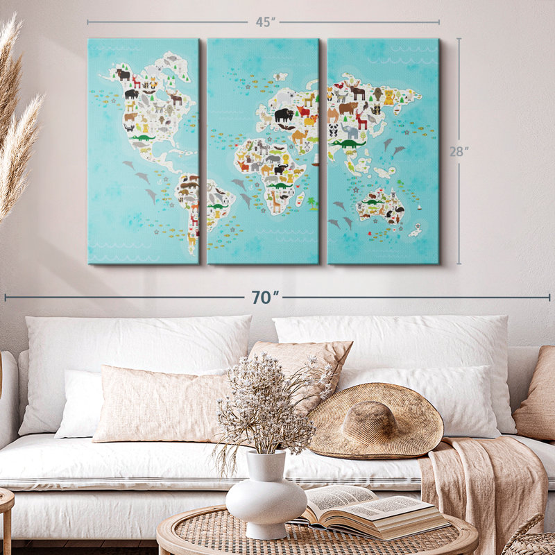 "Mignon animaux, carte du monde, art mural" sur toile, H 28 po x l 45 po x P 1,25 po
