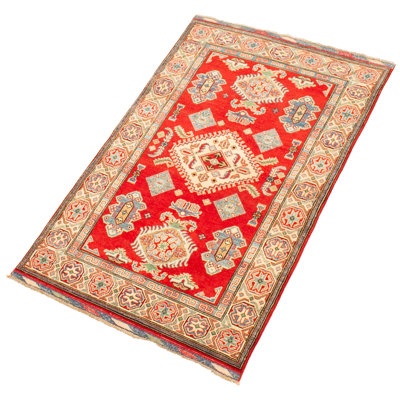 Tapis unique en laine noué à la main style ouzbek des années 2010 de 3 pi 9 po x 5 pi 11 po rouge / beige Sylvia Sylvia