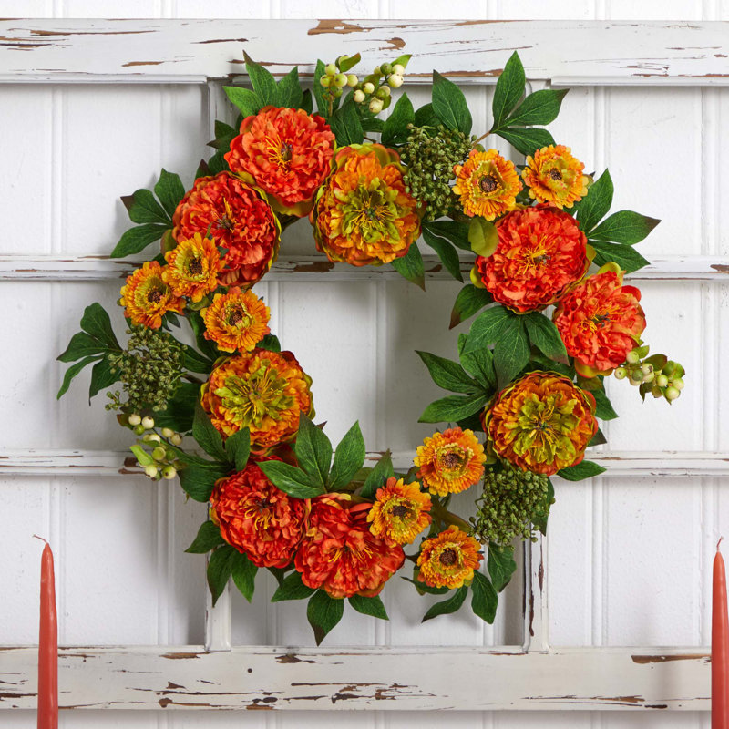 Handcrafted Faux Polyester 24'' Wreath, Orange/Yellow