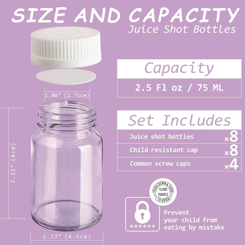 8 bouteilles de jus en verre de 2,5 oz Syntic, étanches, gingembre, bouteille de voyage (ensemble de 8)
