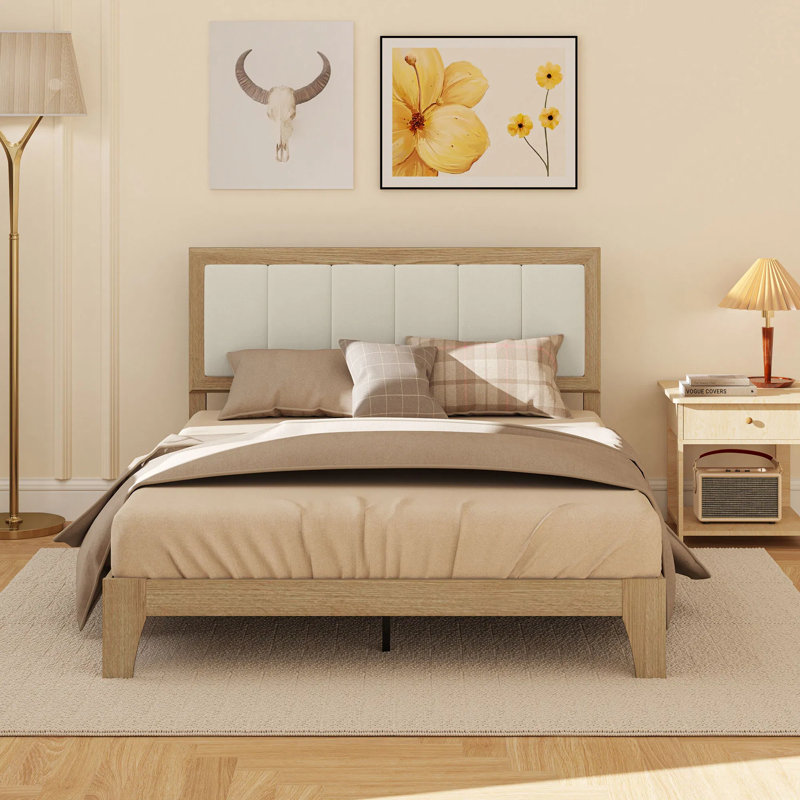 Structure de lit double avec tête de lit, lit plateforme double avec lattes de bois, aucun sommier requis, assemblage facile, finition chêne moderne de style Mid-Century