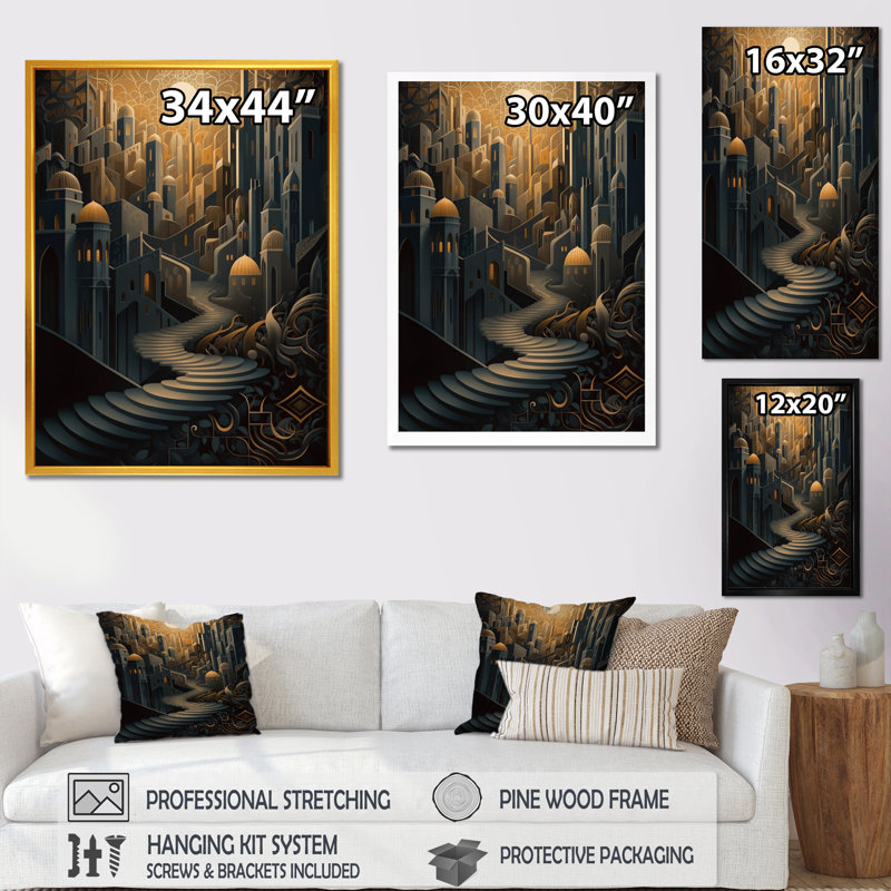 «Arab City IV» - surréalisme, art mural paysage, Cadre noir, L 12 po x H 20 po