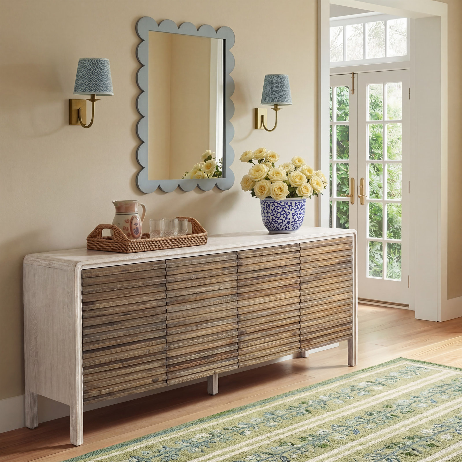 Spencer 79"Solid Elm Wood Sideboard, White/Brown
