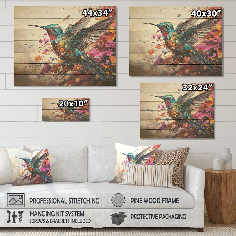 Colibri coloré, battement d'ailes, merveille 5 - animal colibri sur bois, H 30 po x l 40 po x P 0,78 po