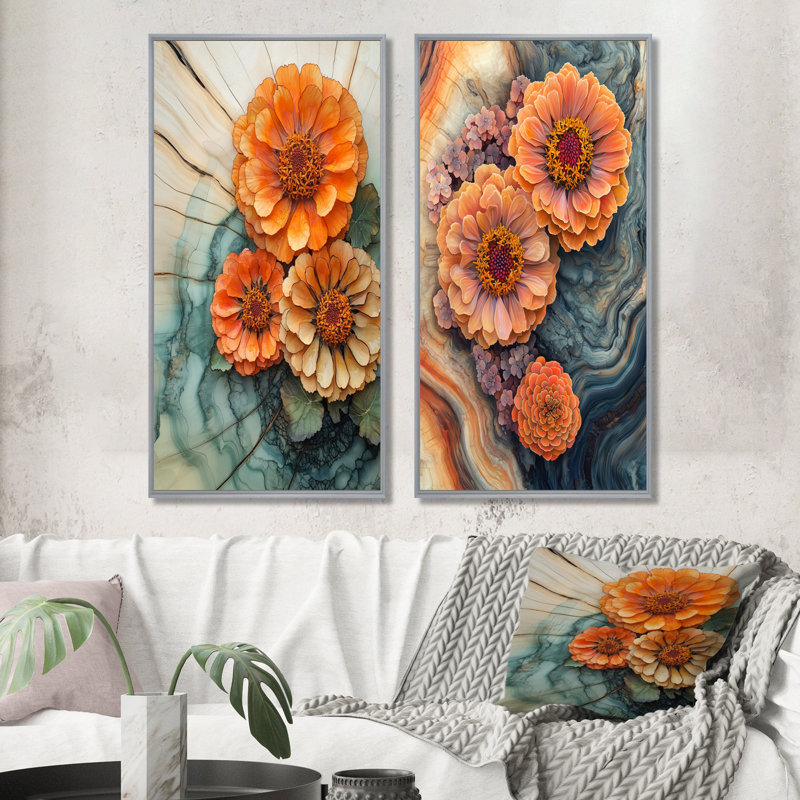 Zinnias Garden On Wood Slide I - Floral Wall Art, 2 pièces, H 28 po x l 25 po, Encadrement argenté