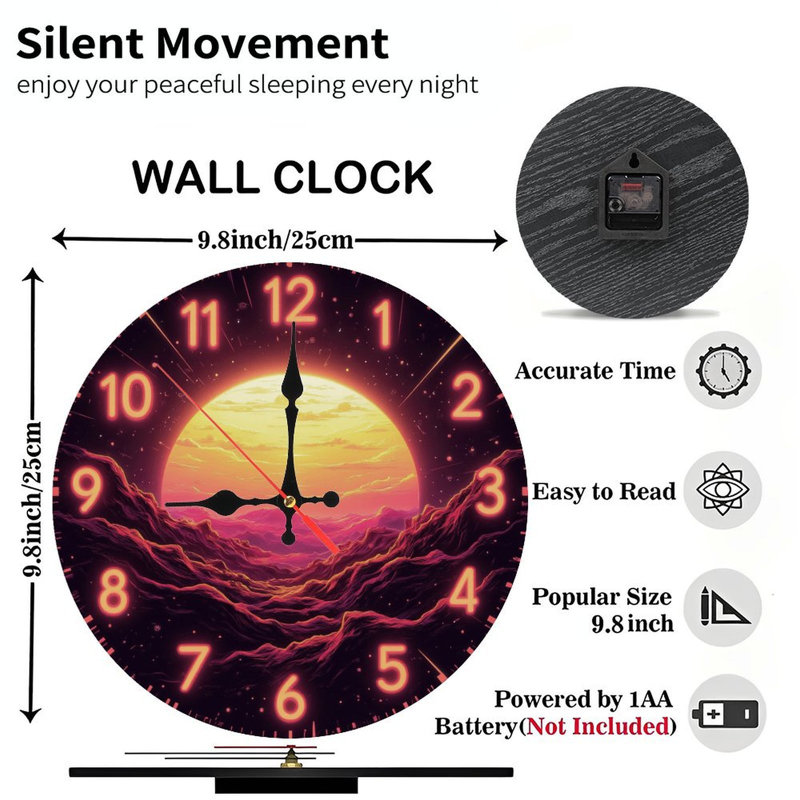 Horloge, chiffres, coucher de soleil, montagnes