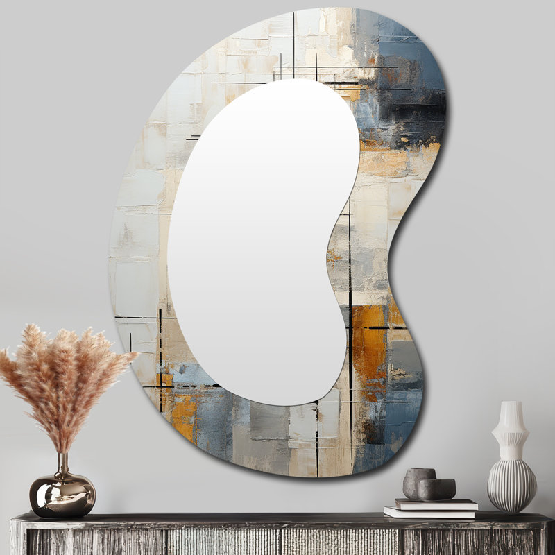 Eriann Abstract Beige Gold Road Collage II - Abstract Collages Unique Shape Decorative Mirror, Modern Asymmetrical Wall Mirror, Printed Metal Art