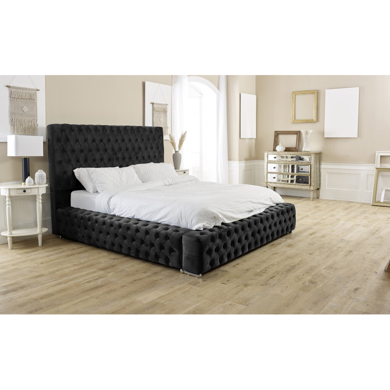 Katya Upholstered Velvet Sleigh Bed, Super King (6'), Black