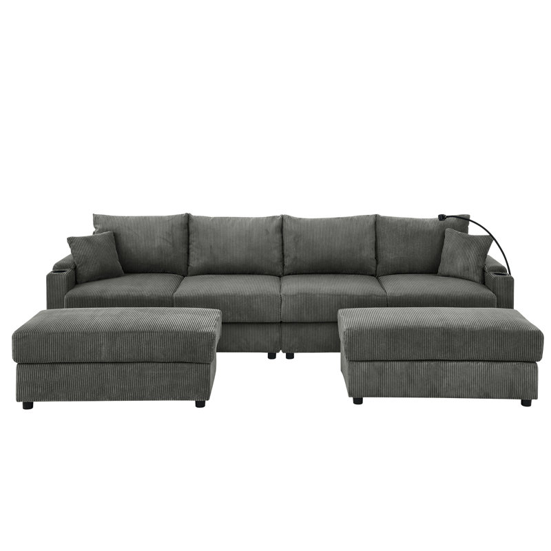 Canapé en U moderne en velours côtelé gris avec rangement, 4 sièges, 2 repose-pieds, porte-gobelets et porte-téléphone pour le salon 4 repose-pieds