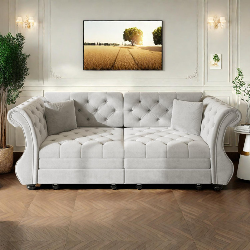 Canapé-lit Chesterfield de 83,8 po avec revêtement en velours, Gris