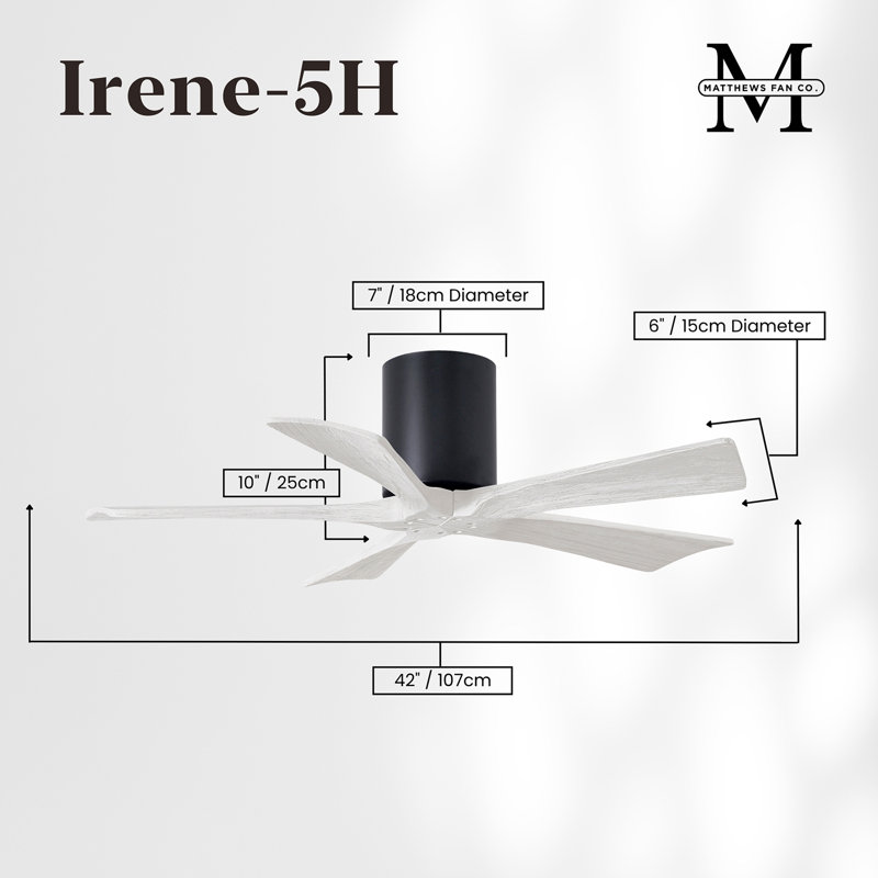 60" Irene 5-Blade Hugger Ceiling Fan with Wall Remote, 42", Matte Black, Matte White
