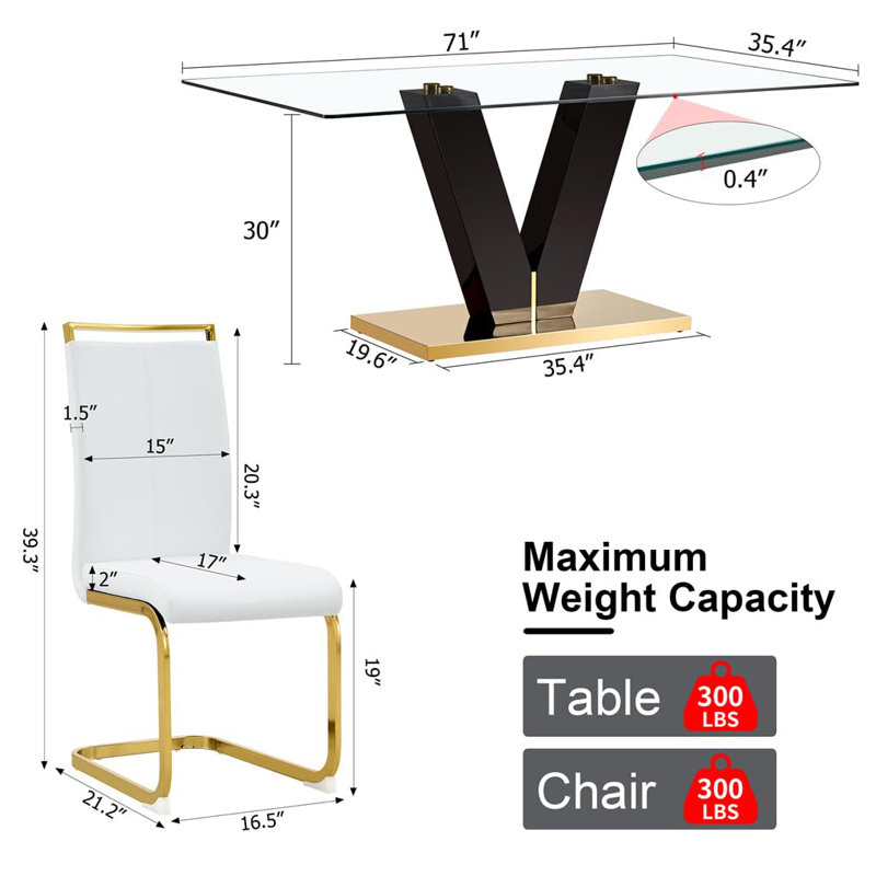 Ensemble de table de salle à manger 71 "pour 8 personnes avec plateau en verre et chaises rembourrées, Blanc