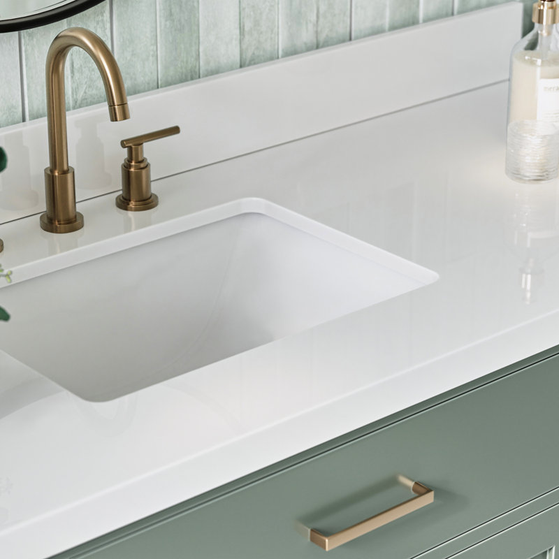 Meuble-lavabo simple en bois massif Tidworth avec plateau en quartz blanc de 1,5 po, Forme rectangulaire, Vert rétro
