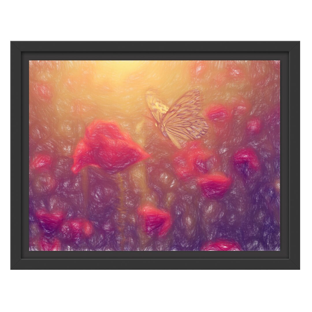 Gerahmtes Wandbild Mohn und Schmetterling