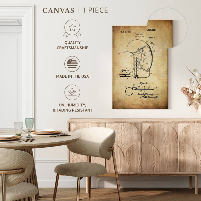 Gant de boxe, brevet rétro sur toile, H 39 po x l 26 po
