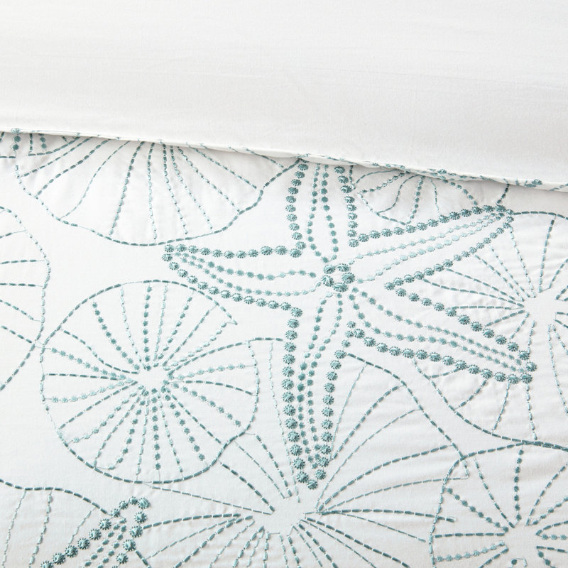 Housse de couette et taie d'oreiller King 100 % coton - Broderie foncée, fermeture à boutons, 4 attaches intérieures, thème océanique, 200 fils au pouce carré, 2 mini taies d'oreiller.