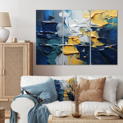 «Rough Love Slavic», peinture abstraite jaune bleu II sur toile, 3 pièces