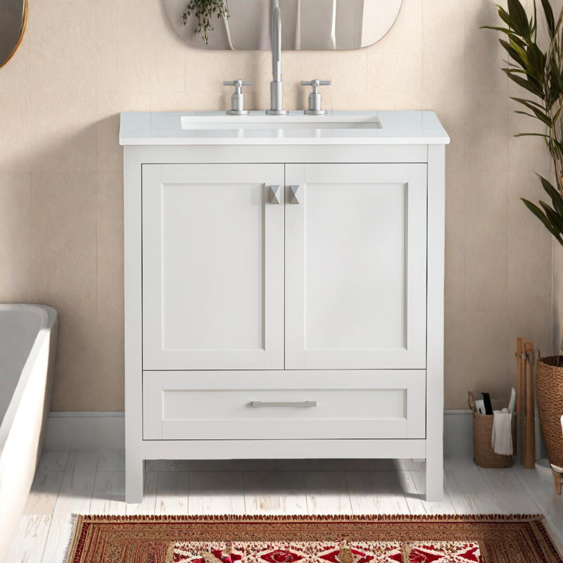 Elegant 30" Freestanding Bathroom Vanity with Marble Top & Ceramic Sink, White