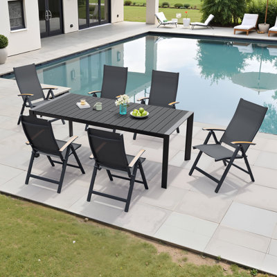 6 - Person 83’’ L Rectangular Aluminum Outdoor Dining Set with Umbrella Hole and Folded Reclining Armchairs