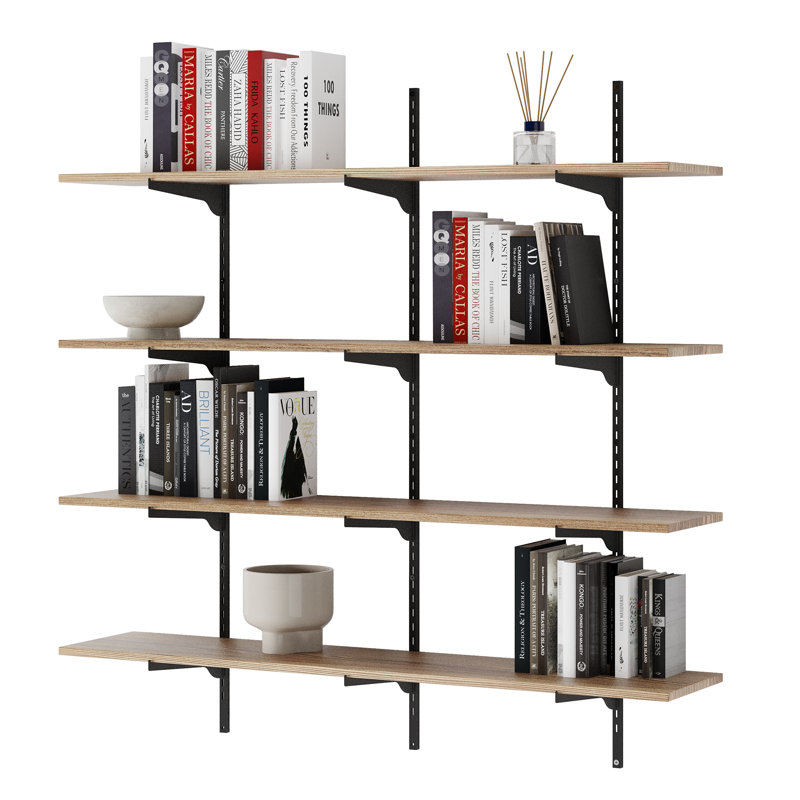 48" Long 10" Deep Floating Shelves, Height Adjustable Wall Shelf with Real Wood Board, Hanging Shelves For Wall, Floating Bookshelves For Living Room & Office, Farmhouse And Boho Decor, 4 Tier
