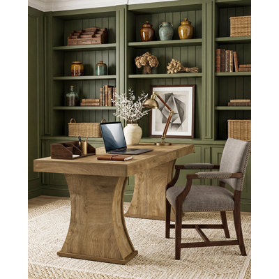 Bureau d'ordinateur 79 "en bois, bureau de direction de ferme avec base à piédestal incurvé, brun naturel