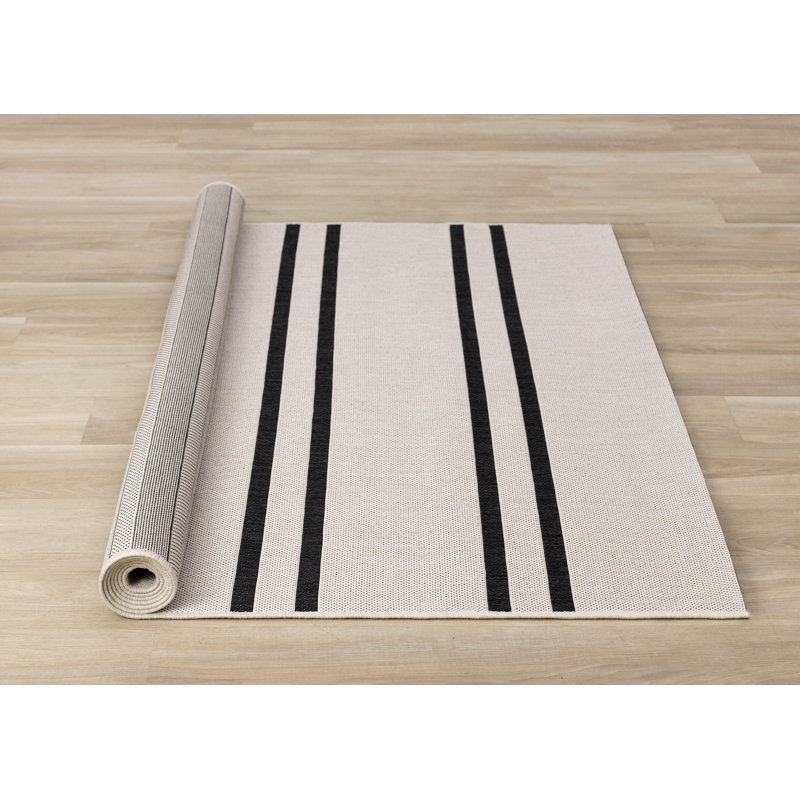 Tapis rayé blanc intérieur / extérieur scandinave, 7 pi 10 po x 10 pi 6 po