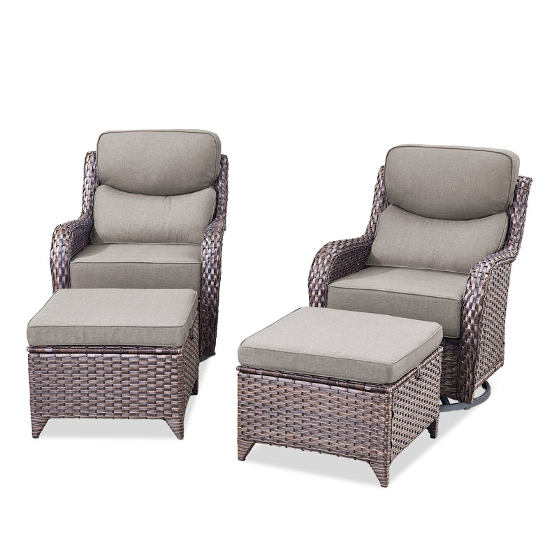 Meriline Wicker/Rattan 2 Person Seating Patio Conversation Sets With Ottomans, Brown, Gray