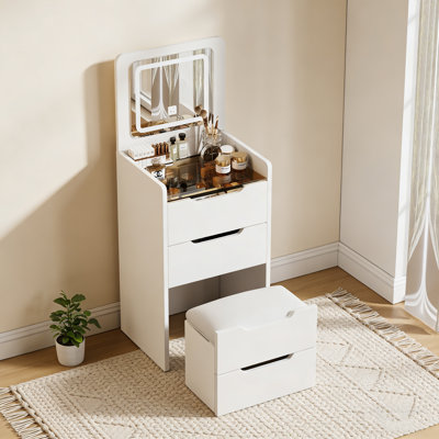 48CM 3-In-1 Vanity Desk With Flip-Top Mirror, Compact Makeup Vanity With Glass Desktop & 3 Drawers, Small Dressing Table For Bedroom & Small Space